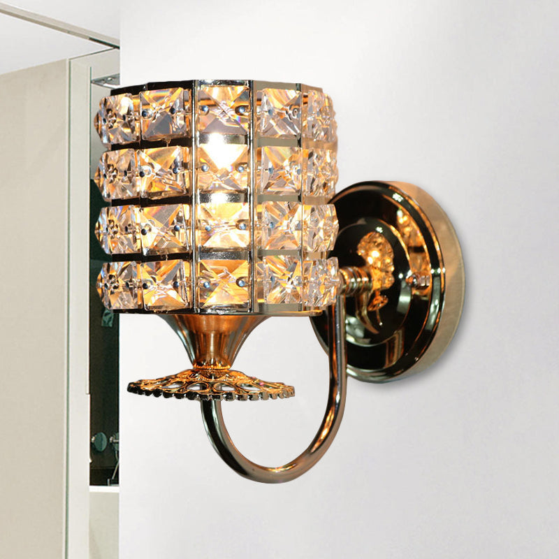 Modern Metal Wall Light Fixture With Crystal Shade And Cylinder Design - Ideal For Living Room Gold