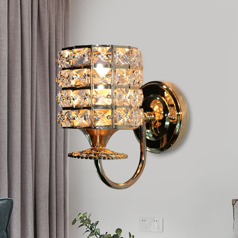 Modern Metal Wall Light Fixture With Crystal Shade And Cylinder Design - Ideal For Living Room