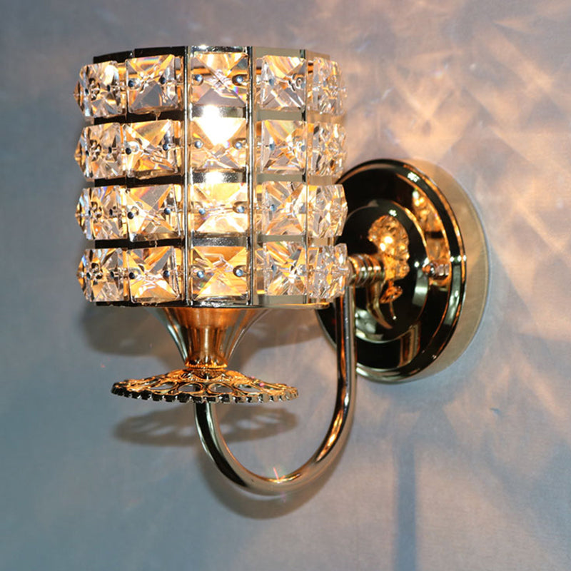 Modern Metal Wall Light Fixture With Crystal Shade And Cylinder Design - Ideal For Living Room