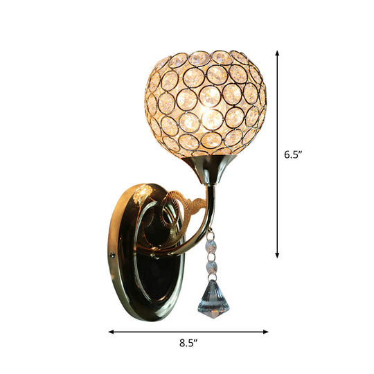 Minimalist Gold Bowl Wall Sconce Light: Opulent Crystal Inlaid Fixture For Bedroom 1 Bulb