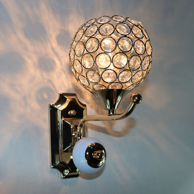 Gold Modernist Circle Wall Sconce - Crystal-Encrusted Single-Head Mount Light Fixture