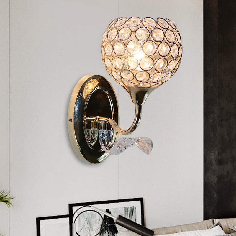 Gold Modernist Circle Wall Sconce - Crystal-Encrusted Single-Head Mount Light Fixture