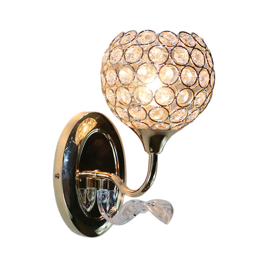 Gold Modernist Circle Wall Sconce - Crystal-Encrusted Single-Head Mount Light Fixture