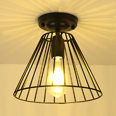 Industrial Cage-Style Conical Semi-Flush Light in Black - Indoor 1 Bulb Mount