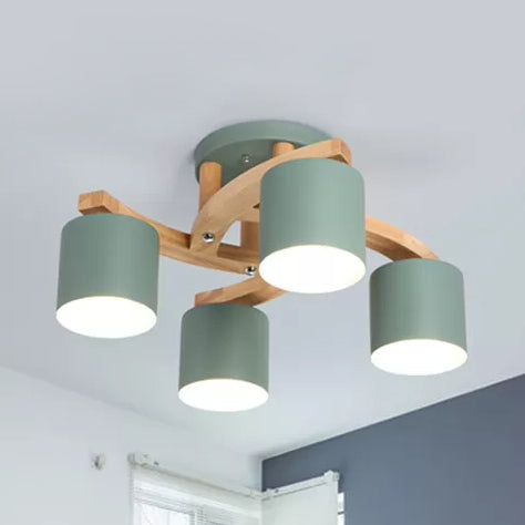 Nordic Style Metal Cylinder Ceiling Lamp with 4 Green Lights - Semi Flushmount