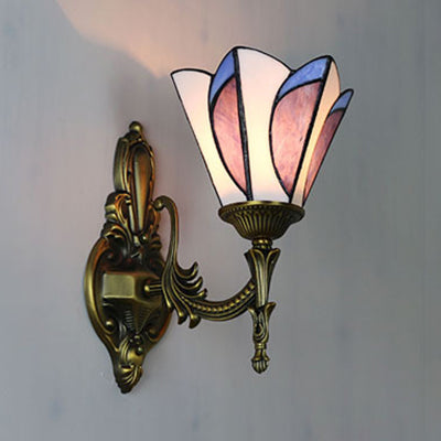 Tiffany Stained Glass Wall Sconce - Brass Accent Light With Cone Shade