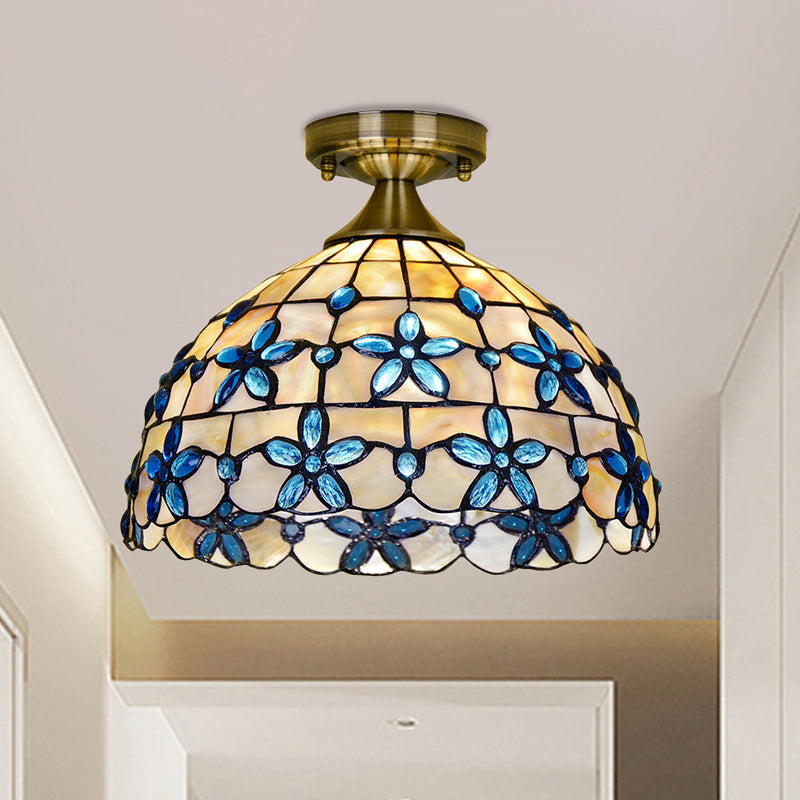 Tiffany Style Brass Dome Close To Ceiling Light - Blue Floral Jewels / 12