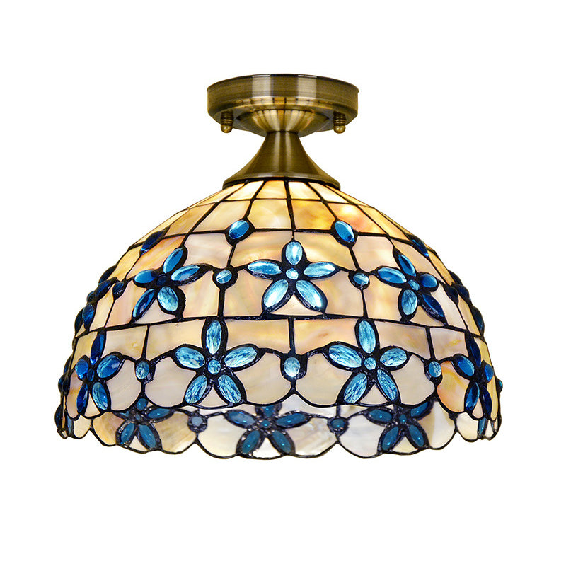 Tiffany Style Brass Dome Close To Ceiling Light - Blue Floral Jewels