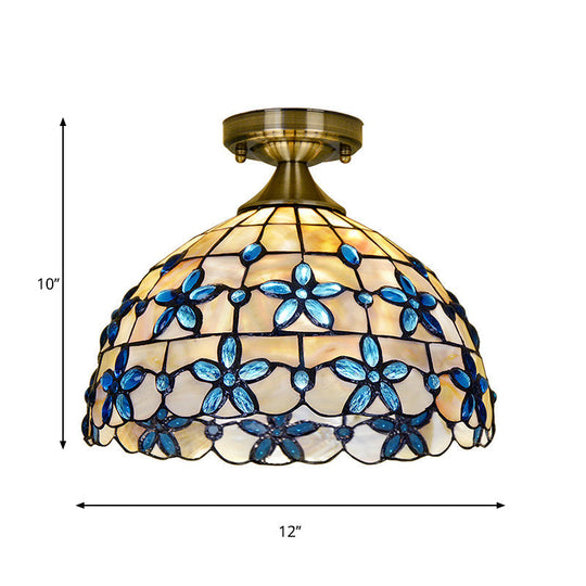 Tiffany Style Brass Dome Close To Ceiling Light - Blue Floral Jewels