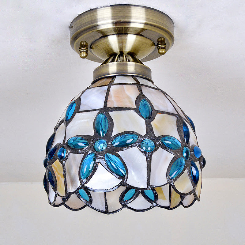 Tiffany Style Brass Dome Close To Ceiling Light - Blue Floral Jewels