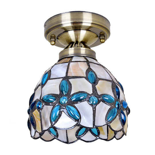 Tiffany Style Brass Dome Close To Ceiling Light - Blue Floral Jewels