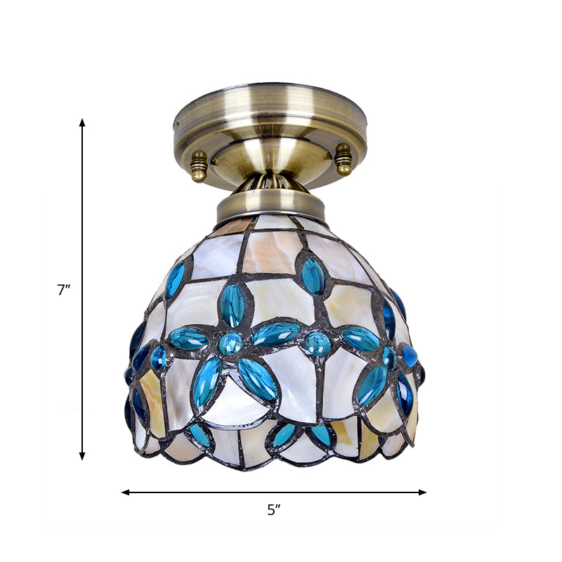 Tiffany Style Brass Dome Close To Ceiling Light - Blue Floral Jewels