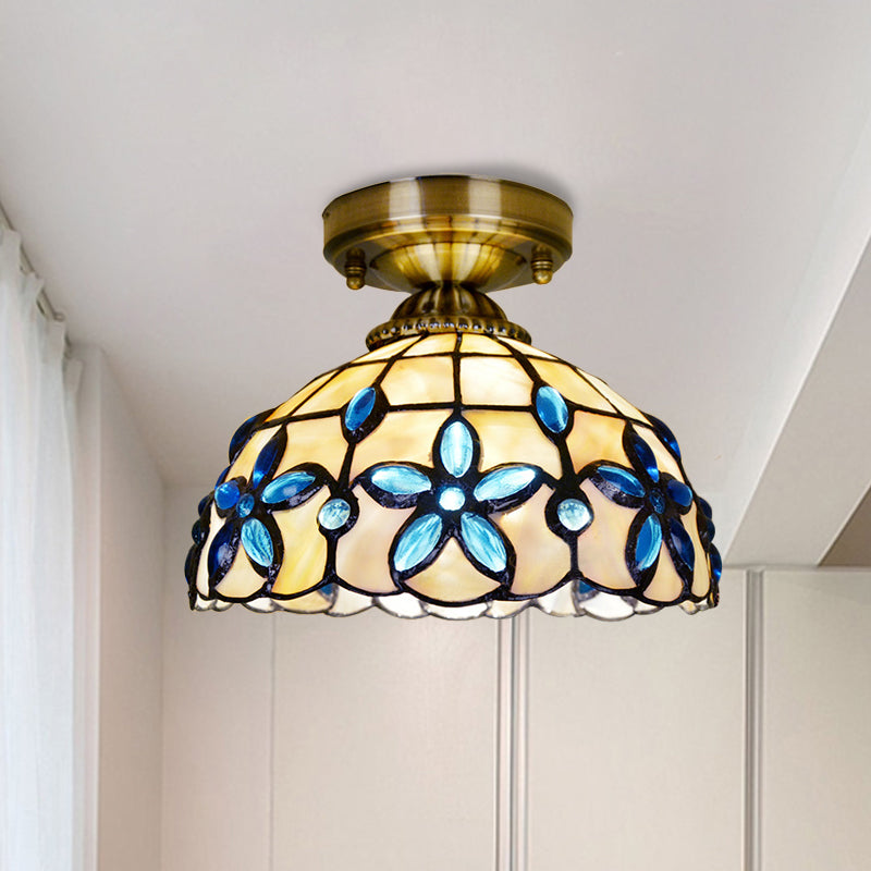 Tiffany Style Brass Dome Close To Ceiling Light - Blue Floral Jewels