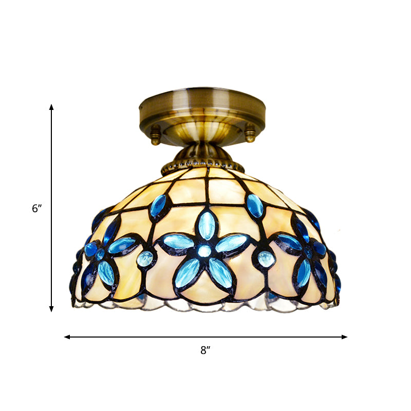 Tiffany Style Brass Dome Close To Ceiling Light - Blue Floral Jewels