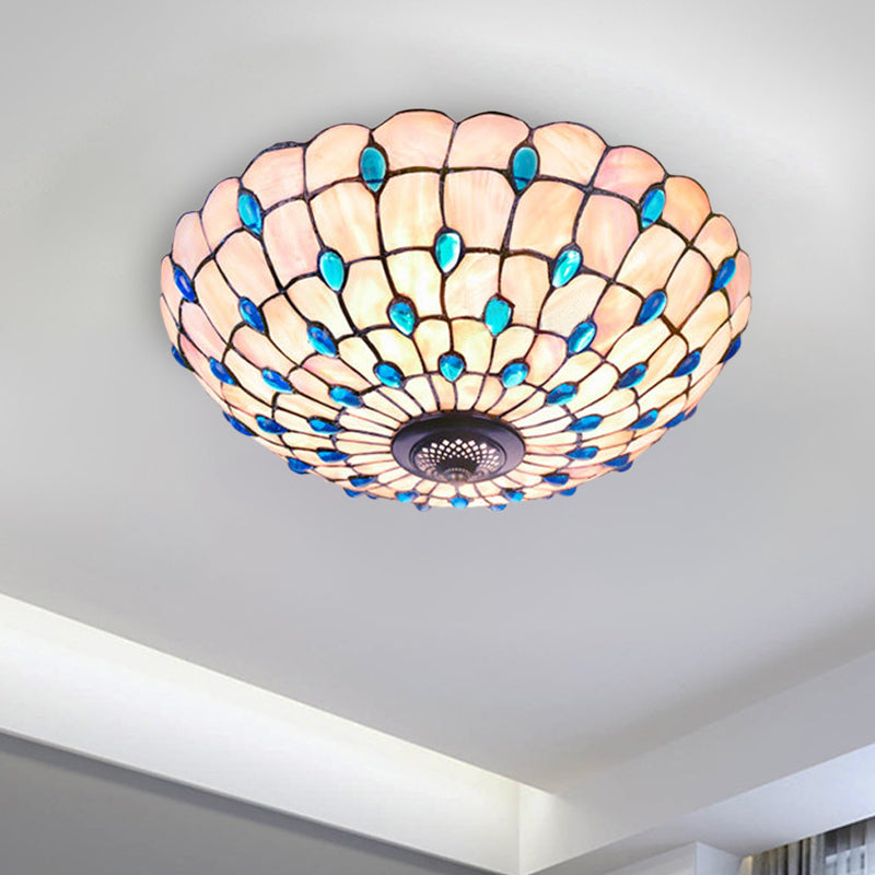 Tiffany Shell Blue Flush Ceiling Light Jeweled Bowl 3/4 Bulbs 16/21 Wide - Stylish Flushmount