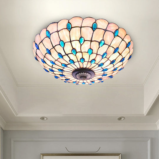 Tiffany Shell Blue Flush Ceiling Light Jeweled Bowl 3/4 Bulbs 16/21 Wide - Stylish Flushmount