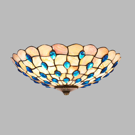 Tiffany Shell Blue Flush Ceiling Light Jeweled Bowl 3/4 Bulbs 16/21 Wide - Stylish Flushmount