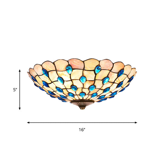 Tiffany Shell Blue Flush Ceiling Light Jeweled Bowl 3/4 Bulbs 16/21 Wide - Stylish Flushmount