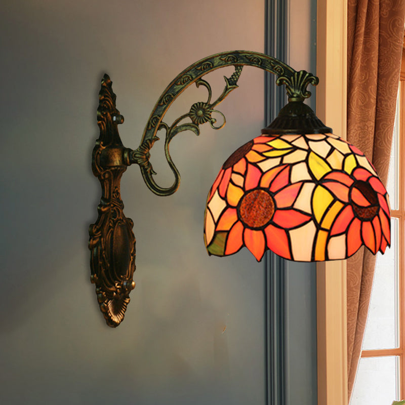 Tiffany Hand-Cut Glass Wall Mount Light Fixture - Rose/Sunflower Design With 1 Red/Green Elegant