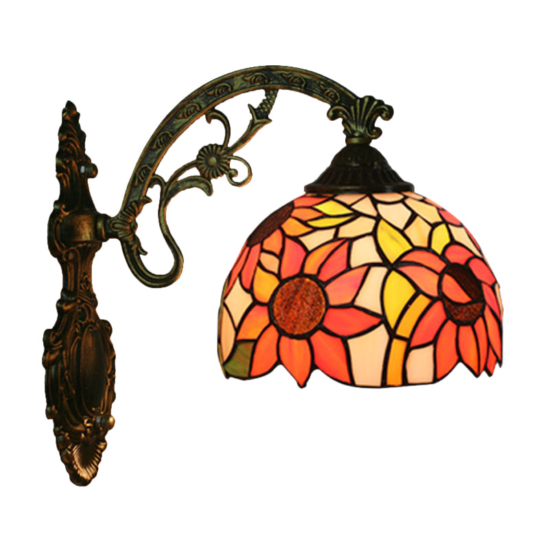 Tiffany Hand-Cut Glass Wall Mount Light Fixture - Rose/Sunflower Design With 1 Red/Green Elegant