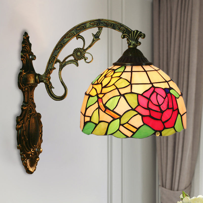 Tiffany Hand-Cut Glass Wall Mount Light Fixture - Rose/Sunflower Design With 1 Red/Green Elegant