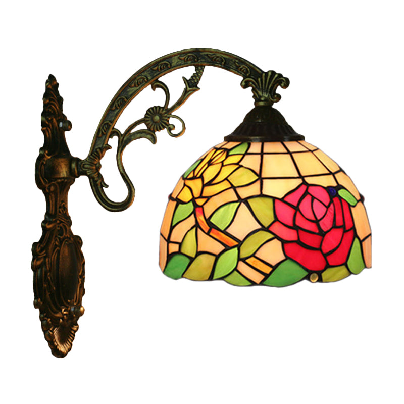 Tiffany Hand-Cut Glass Wall Mount Light Fixture - Rose/Sunflower Design With 1 Red/Green Elegant