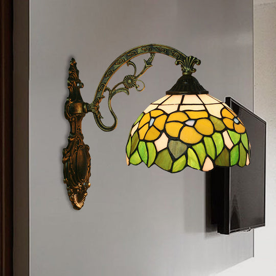 Tiffany Hand-Cut Glass Wall Mount Light Fixture - Rose/Sunflower Design With 1 Red/Green Elegant