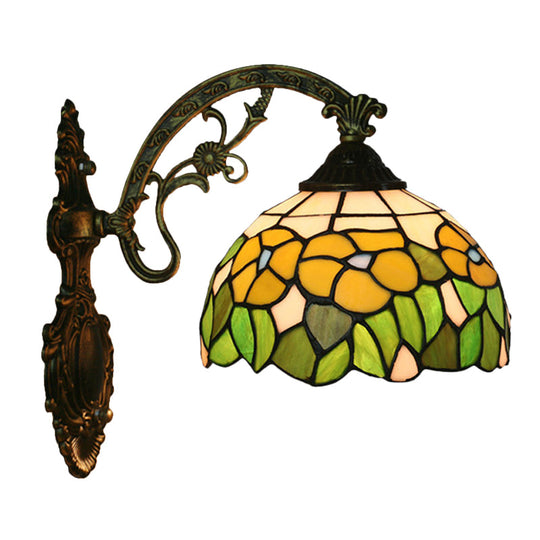 Tiffany Hand-Cut Glass Wall Mount Light Fixture - Rose/Sunflower Design With 1 Red/Green Elegant