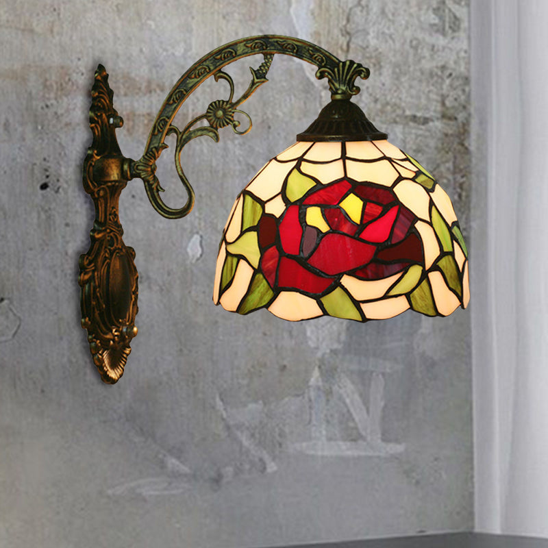 Tiffany Hand-Cut Glass Wall Mount Light Fixture - Rose/Sunflower Design With 1 Red/Green Elegant