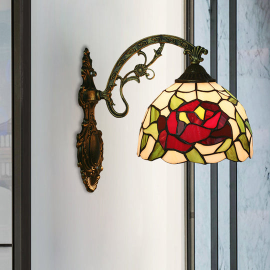 Tiffany Hand-Cut Glass Wall Mount Light Fixture - Rose/Sunflower Design With 1 Red/Green Elegant