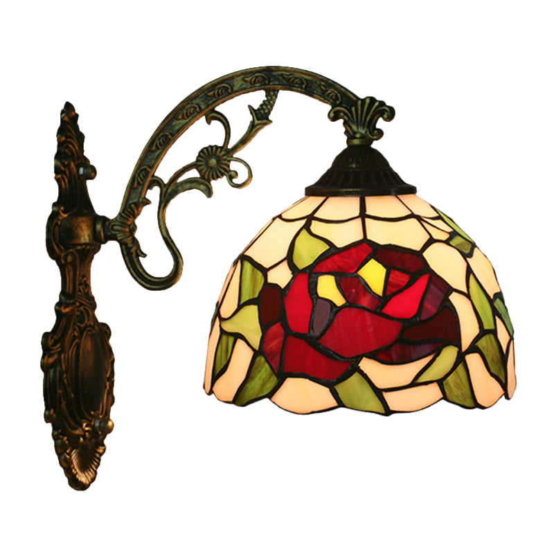 Tiffany Hand-Cut Glass Wall Mount Light Fixture - Rose/Sunflower Design With 1 Red/Green Elegant