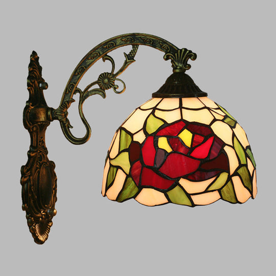 Tiffany Hand-Cut Glass Wall Mount Light Fixture - Rose/Sunflower Design With 1 Red/Green Elegant