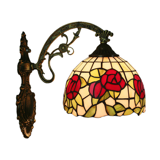 Tiffany Stained Glass Flower Bowl Sconce Light - Red/Pink Wall Mounted Fixture