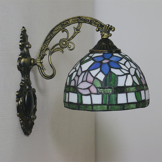 Tiffany Stained Glass Flower Bowl Sconce Light - Red/Pink Wall Mounted Fixture