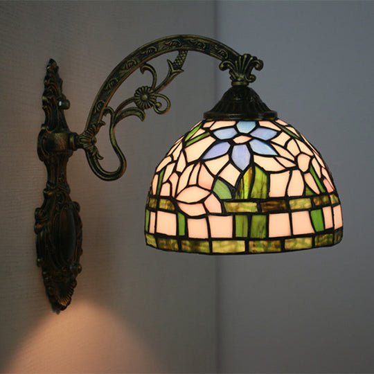 Tiffany Stained Glass Flower Bowl Sconce Light - Red/Pink Wall Mounted Fixture