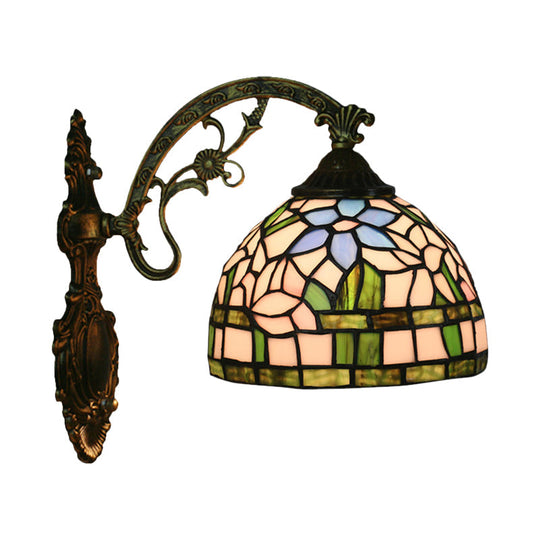 Tiffany Stained Glass Flower Bowl Sconce Light - Red/Pink Wall Mounted Fixture