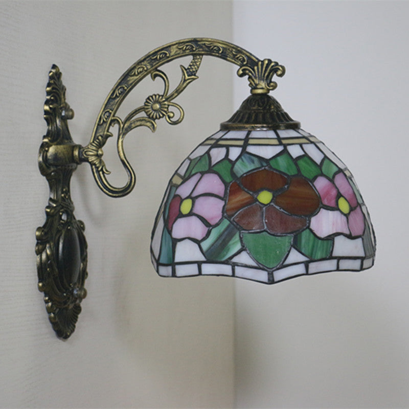 Tiffany Stained Glass Flower Bowl Sconce Light - Red/Pink Wall Mounted Fixture