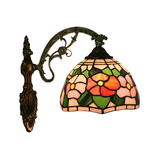 Tiffany Stained Glass Flower Bowl Sconce Light - Red/Pink Wall Mounted Fixture