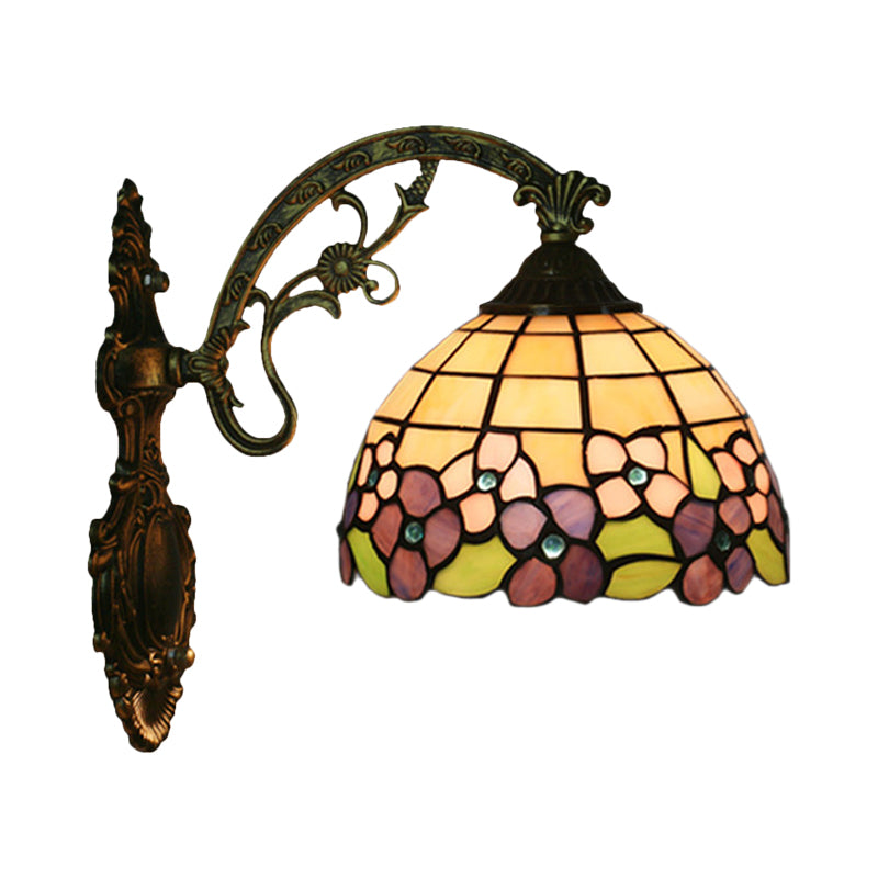 Tiffany Stained Glass Flower Bowl Sconce Light - Red/Pink Wall Mounted Fixture