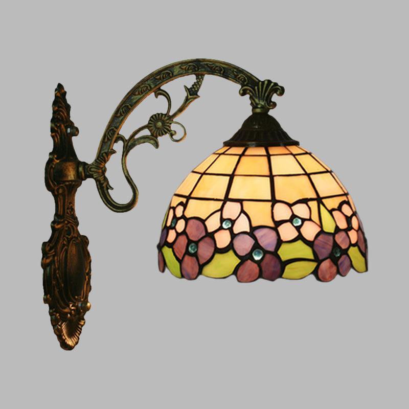 Tiffany Stained Glass Flower Bowl Sconce Light - Red/Pink Wall Mounted Fixture