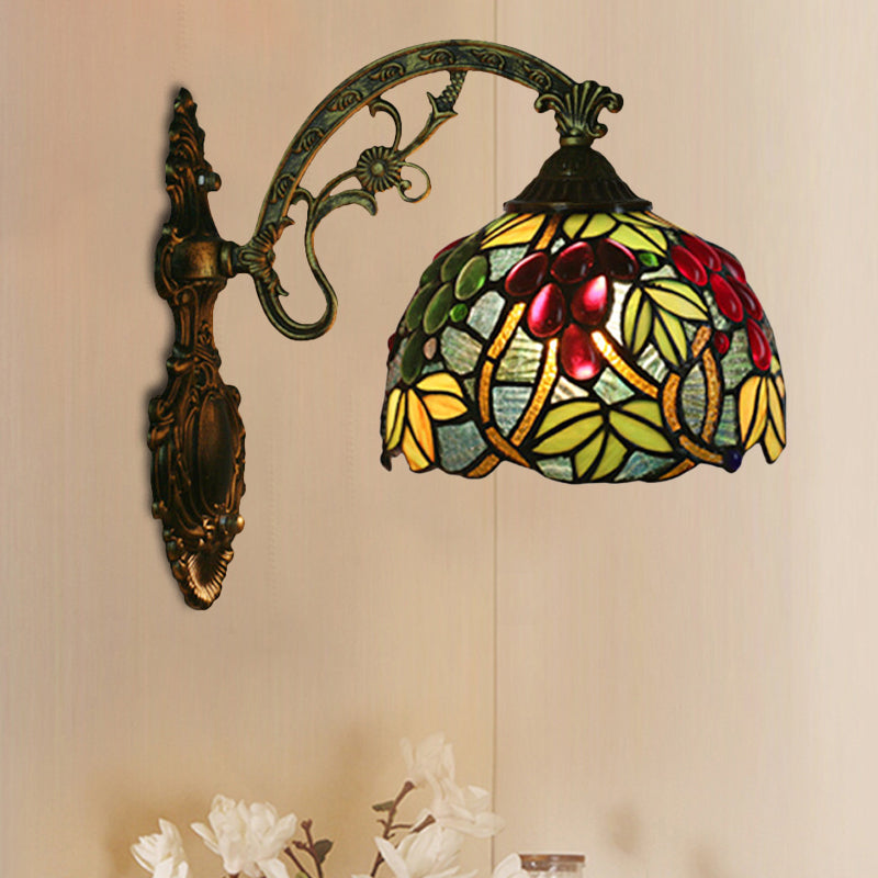 Tiffany-Style Grape Wall Sconce - Handcrafted Stained Glass In Red/Green Green