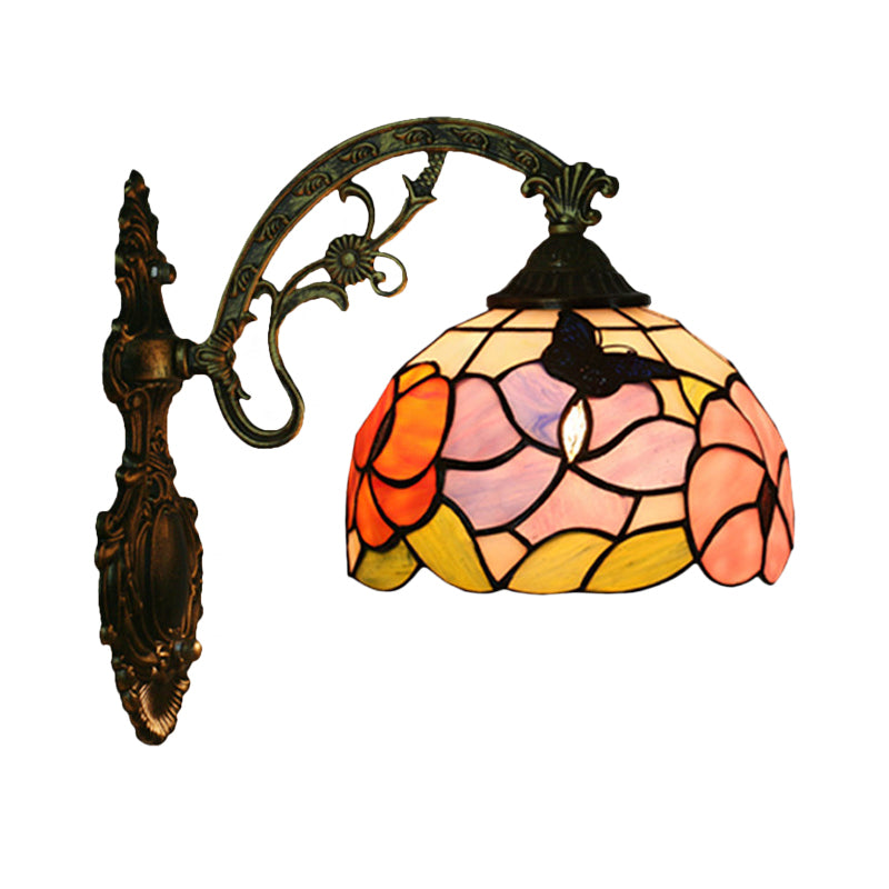 Tiffany Bronze Butterfly And Peony Wall Sconce - Stained Glass Mount Lamp