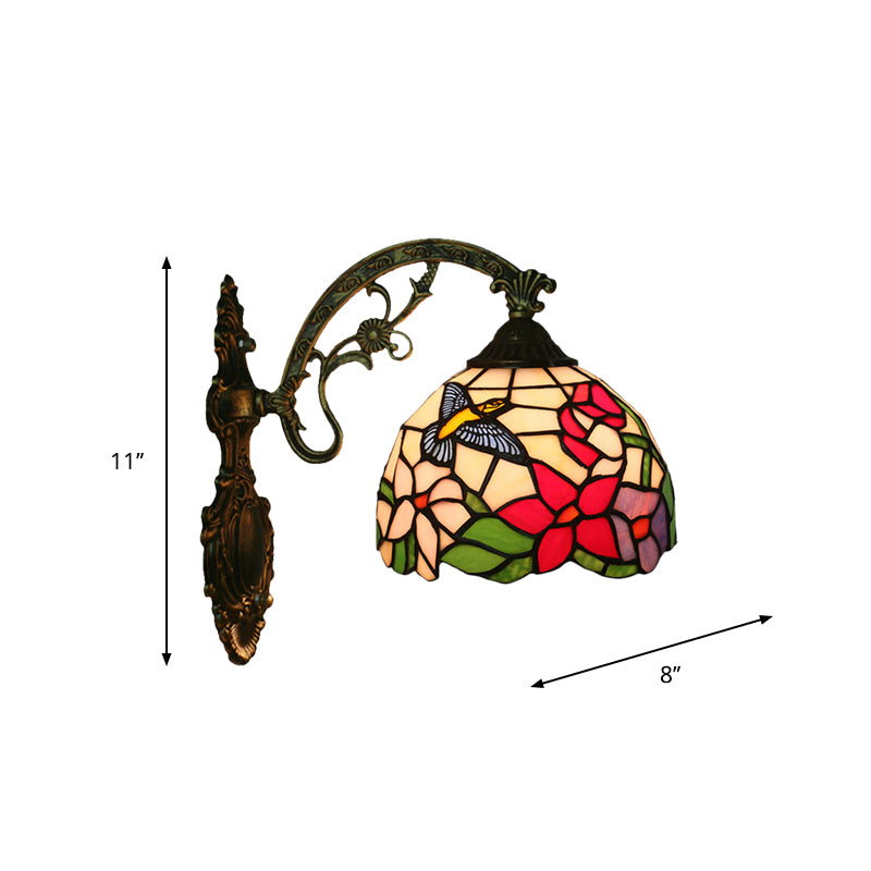 Tiffany Glass Bronze Wall Sconce - Hand-Crafted Magpie And Flowers Design Single Head Light Fixture