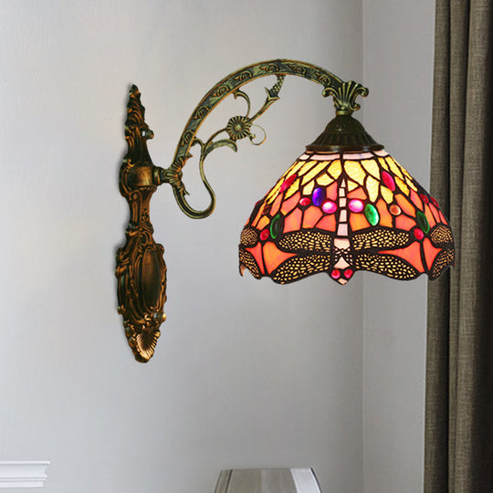 Tiffany Bronze Wall Mounted Lamp With Dragonfly Patterned Glass Shade - Bedroom Sconce Light