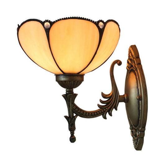 Tiffany Beige/Yellow Glass Wall Sconce Light With Bronze Finish - Flower/Bowl Design 1-Bulb