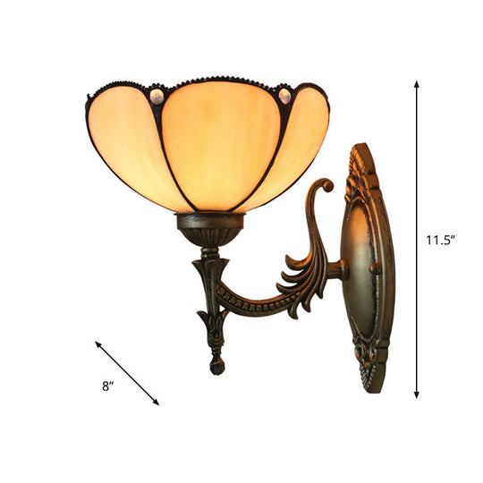 Tiffany Beige/Yellow Glass Wall Sconce Light With Bronze Finish - Flower/Bowl Design 1-Bulb