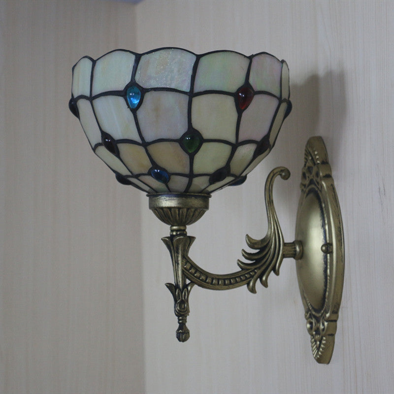 Tiffany Beige/Yellow Glass Wall Sconce Light With Bronze Finish - Flower/Bowl Design 1-Bulb