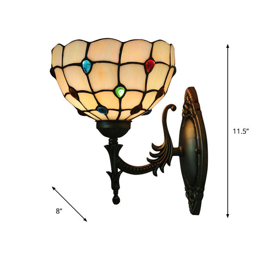 Tiffany Beige/Yellow Glass Wall Sconce Light With Bronze Finish - Flower/Bowl Design 1-Bulb