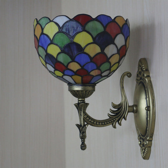 Tiffany Wall Sconce Light - Single-Bulb Stained Glass Fixture In Bronze With Spots And Semicircles