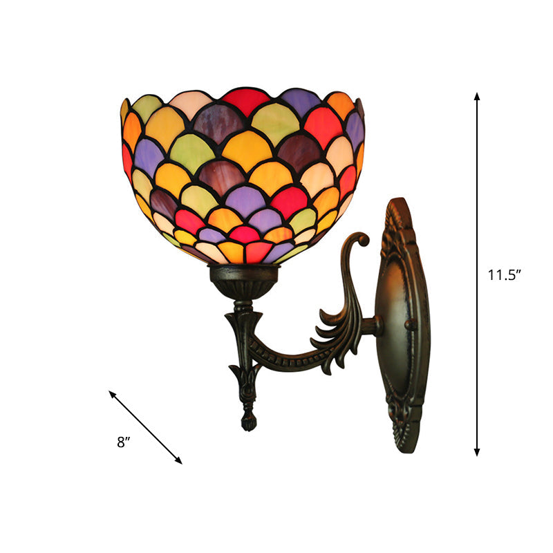 Tiffany Wall Sconce Light - Single-Bulb Stained Glass Fixture In Bronze With Spots And Semicircles